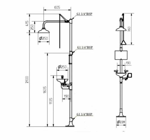 Floor mounted emergency shower drawing